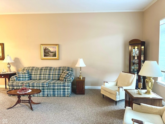 carpeted living room with crown molding