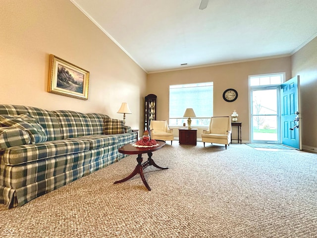 living room with carpet flooring, lofted ceiling, and crown molding