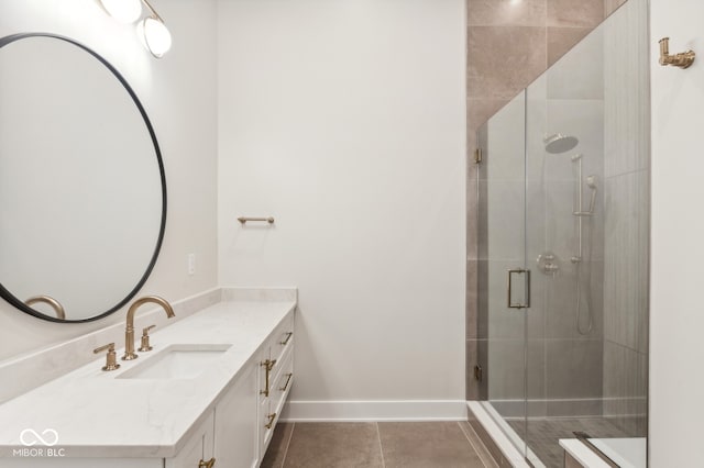 bathroom with tile patterned flooring, vanity, and a shower with shower door