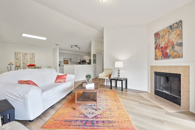 living room with a fireplace and light hardwood / wood-style floors