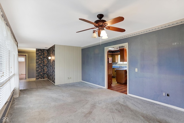 spare room with carpet, ceiling fan, and ornamental molding