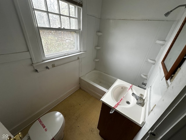 full bathroom with vanity, bathing tub / shower combination, toilet, and a wealth of natural light