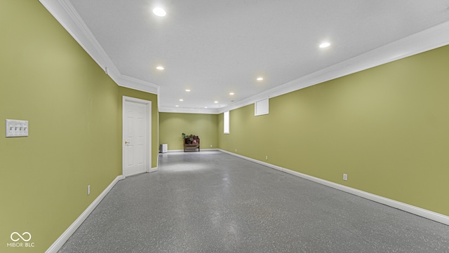 basement with ornamental molding, recessed lighting, and baseboards