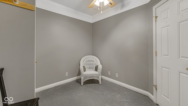 living area with crown molding and ceiling fan