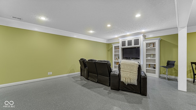 living room featuring a textured ceiling and ornamental molding