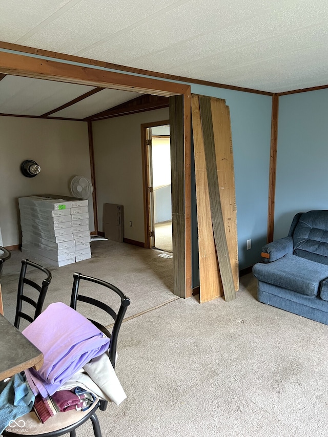 living room with crown molding, light colored carpet, and a textured ceiling