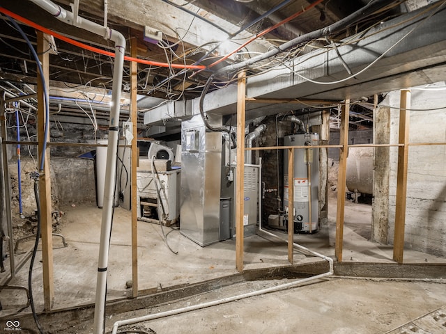 basement with heating unit and water heater