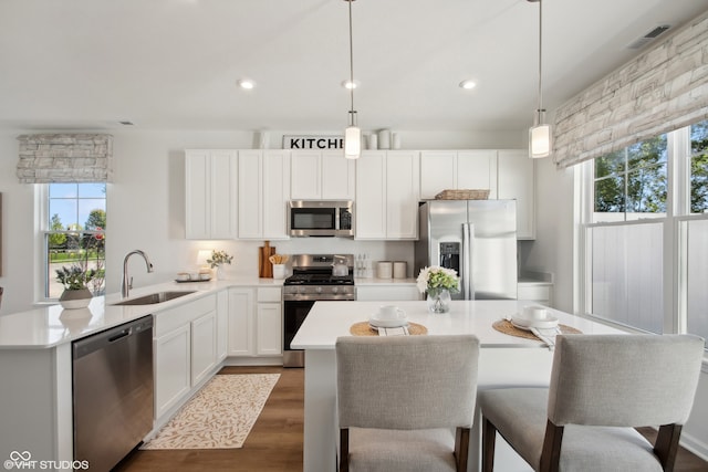 kitchen featuring decorative light fixtures, stainless steel appliances, plenty of natural light, and sink