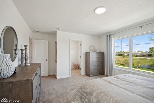 bedroom featuring light colored carpet