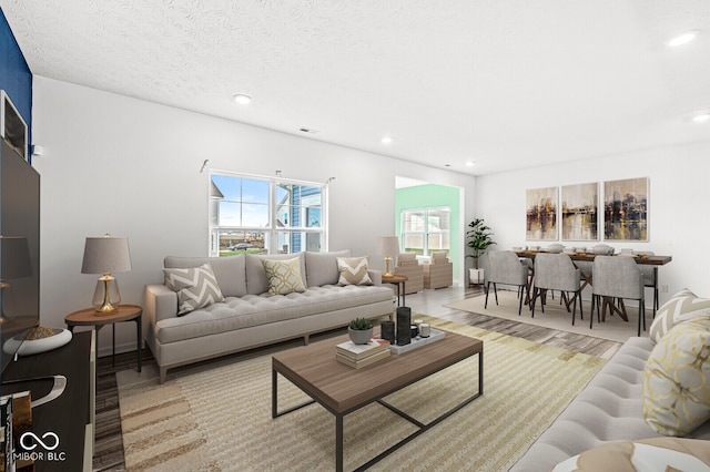 living room featuring light hardwood / wood-style flooring and a textured ceiling