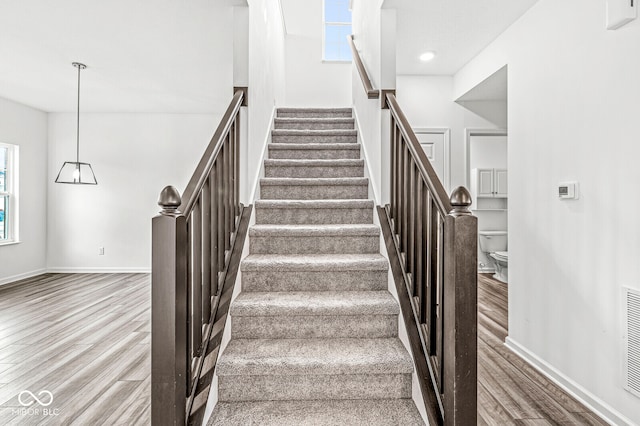 staircase with a healthy amount of sunlight and wood-type flooring