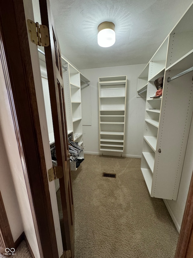 walk in closet with carpet