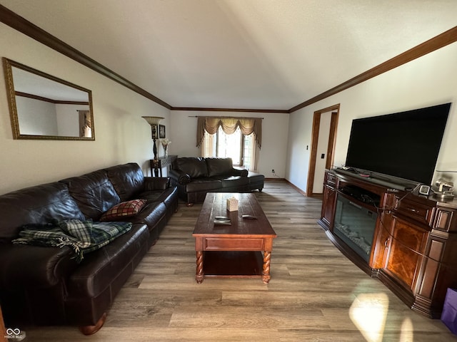 living room with hardwood / wood-style floors and crown molding