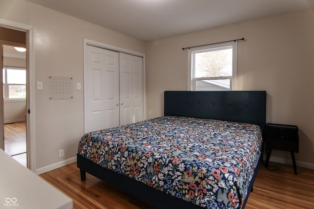 bedroom with hardwood / wood-style flooring, a closet, and multiple windows