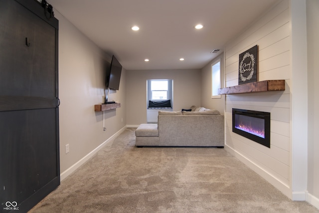 living room with light colored carpet