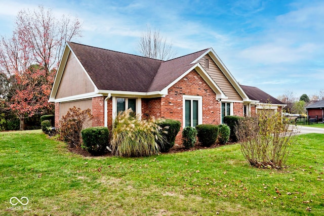 single story home with a front lawn, brick siding, an attached garage, and roof with shingles