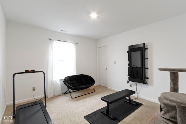 workout room with light colored carpet