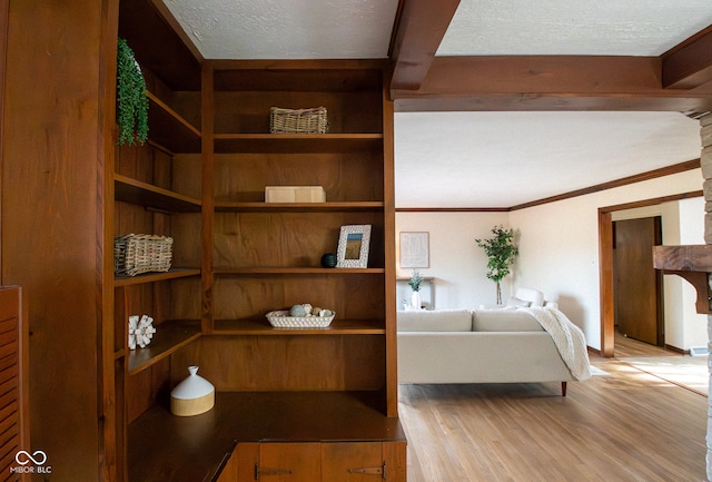 interior space featuring light hardwood / wood-style floors, crown molding, and a textured ceiling