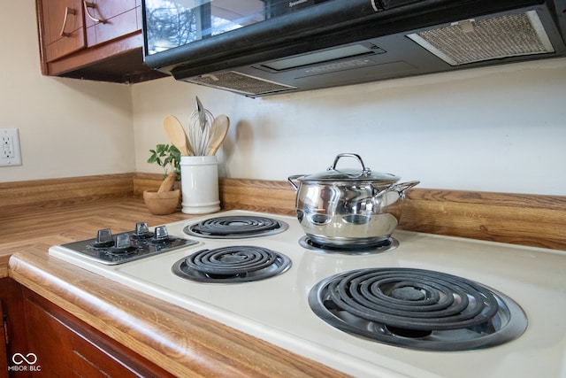 details featuring ventilation hood and white range oven