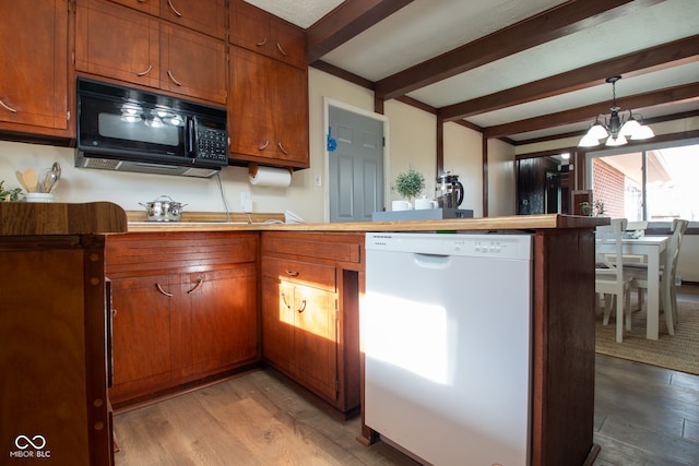 kitchen featuring light wood-type flooring, decorative light fixtures, beamed ceiling, dishwasher, and a chandelier