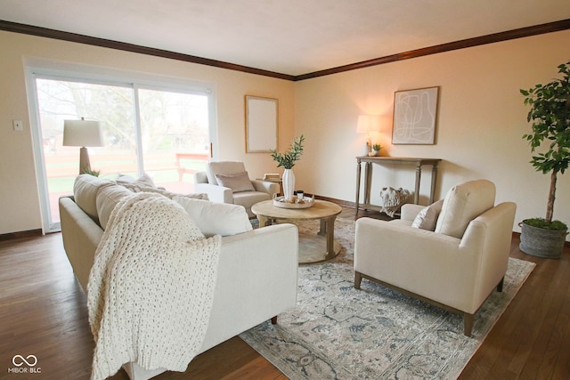 living room with dark hardwood / wood-style flooring and crown molding