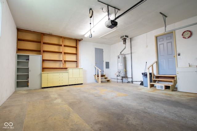 garage with a garage door opener and gas water heater