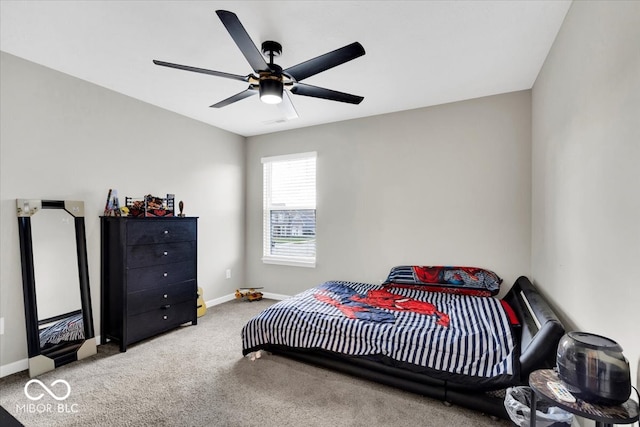 bedroom featuring carpet flooring and ceiling fan