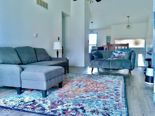 living room with hardwood / wood-style floors and ceiling fan