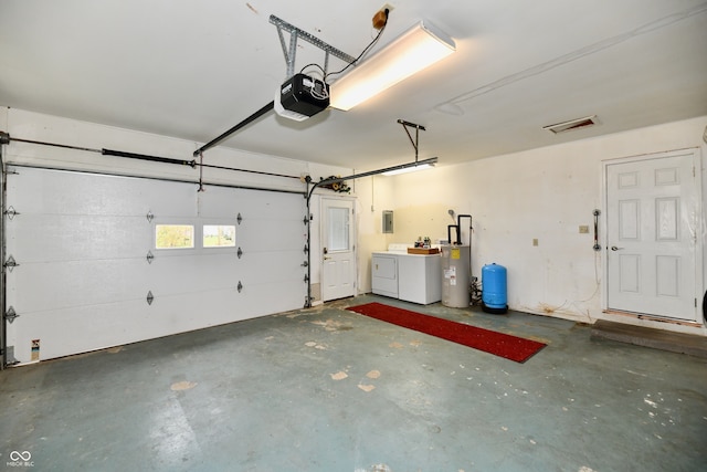 garage with washer and dryer, electric panel, gas water heater, and a garage door opener