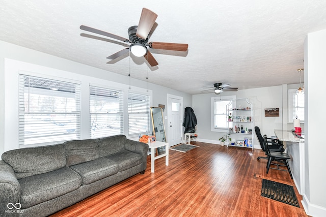 living room featuring wood-type flooring, a textured ceiling, and ceiling fan