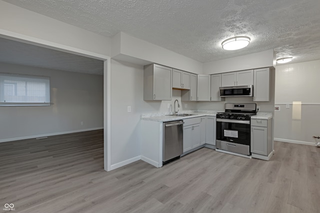 kitchen with gray cabinets, sink, light hardwood / wood-style flooring, and appliances with stainless steel finishes