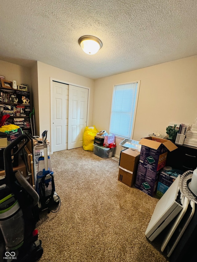 recreation room featuring carpet and a textured ceiling