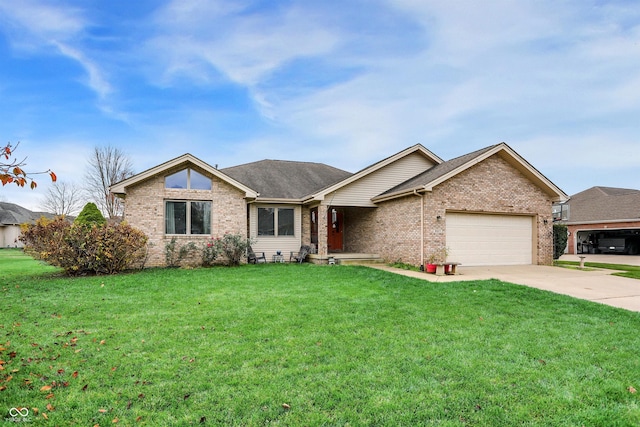 ranch-style house featuring a garage and a front yard