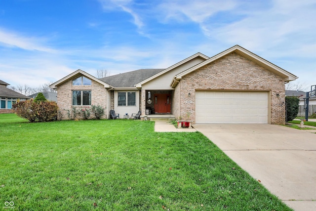 single story home with a garage and a front lawn