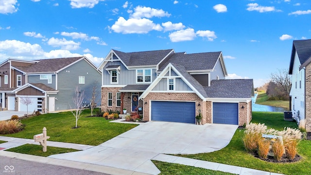 craftsman-style home featuring central AC, a garage, a water view, and a front lawn