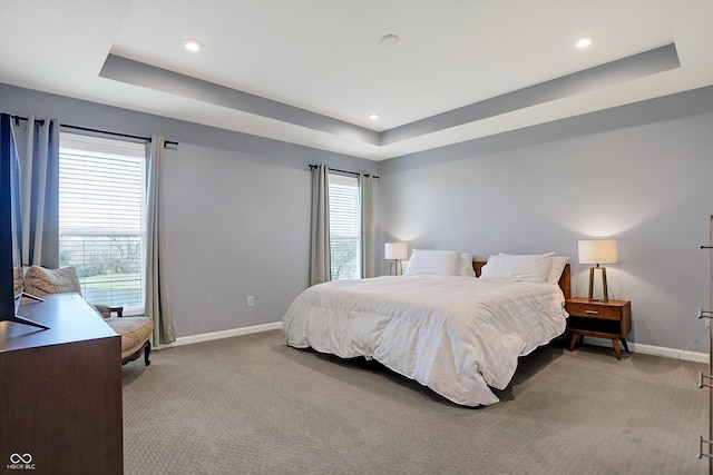 carpeted bedroom featuring a raised ceiling