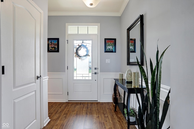 entryway featuring ornamental molding and dark wood-type flooring