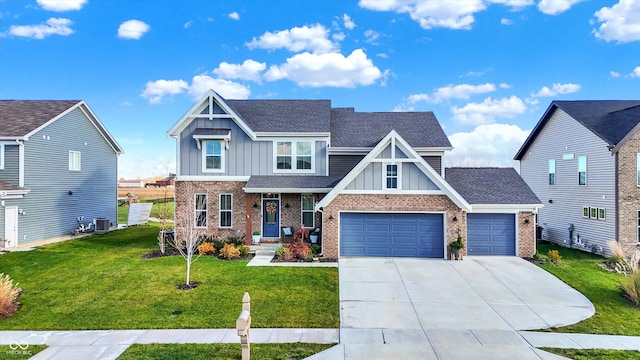 craftsman-style house with central AC, a garage, and a front lawn