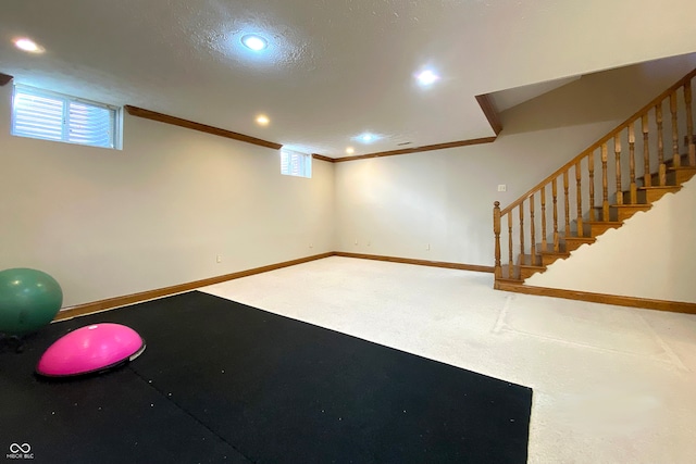 workout area featuring ornamental molding and carpet