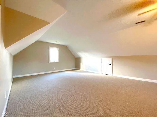 additional living space with vaulted ceiling and carpet floors