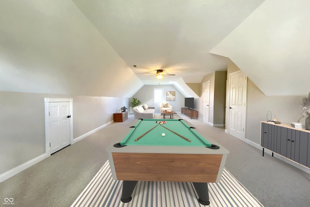 playroom with vaulted ceiling, carpet flooring, and pool table