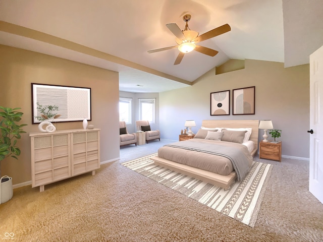 carpeted bedroom featuring vaulted ceiling and ceiling fan