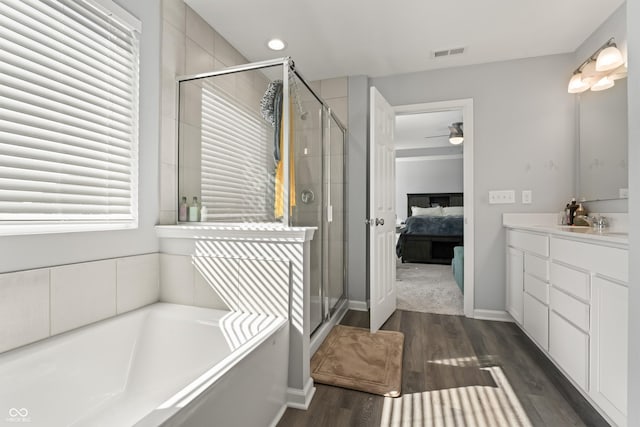 10797 Walden Ln, Brownsburg, IN 46112 - bathroom featuring a bath, vanity, a stall shower, a ceiling fan, and connected bathroom