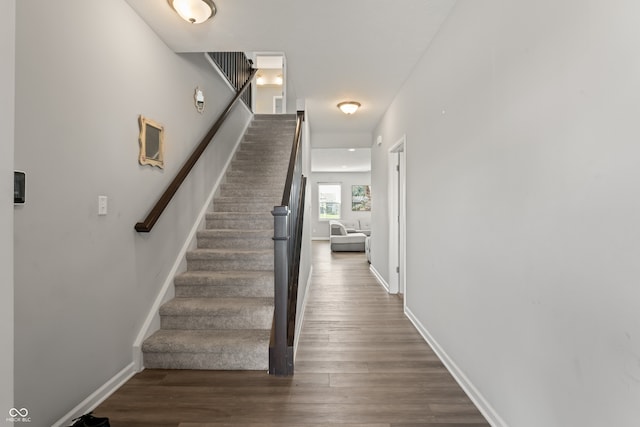 staircase with wood-type flooring