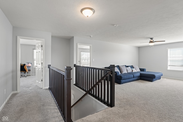 hallway with light carpet, a textured ceiling, and a healthy amount of sunlight