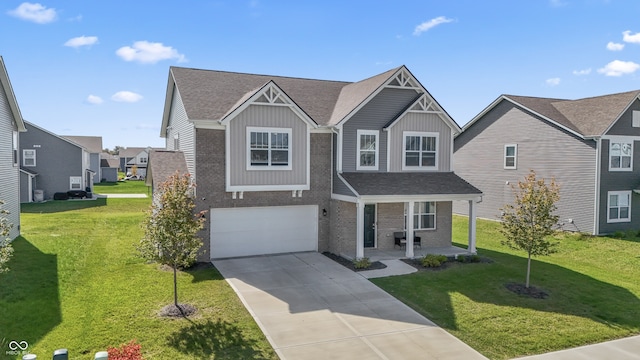 view of front of home with a porch, a garage, and a front lawn