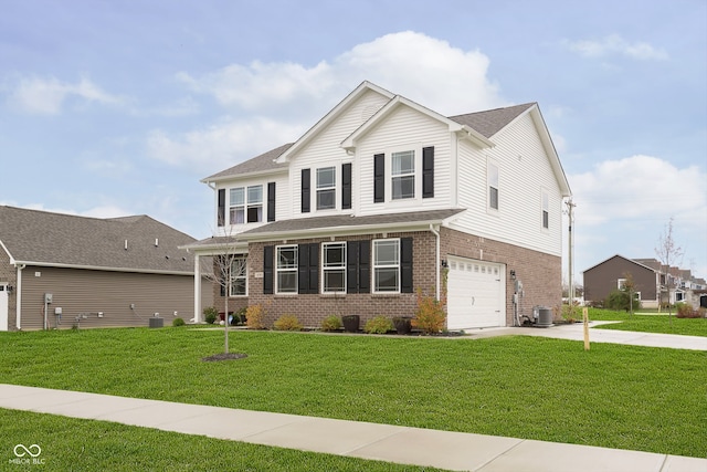 front of property with a front lawn, central AC unit, and a garage