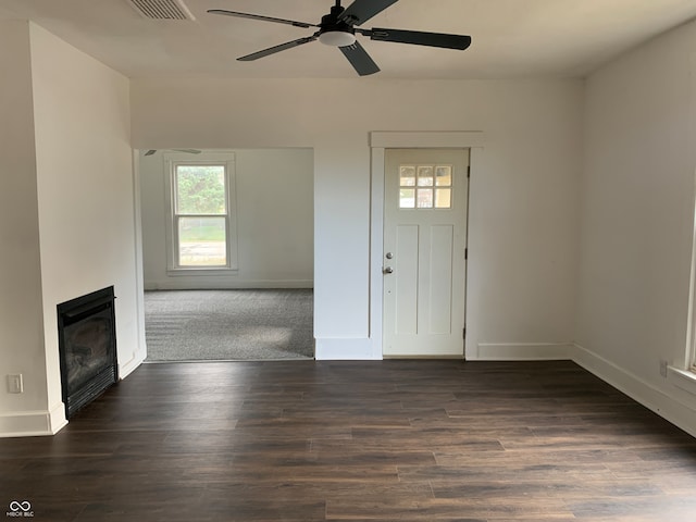 entrance foyer featuring dark hardwood / wood-style floors and ceiling fan