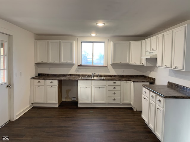 kitchen with white cabinets, dark hardwood / wood-style floors, and sink