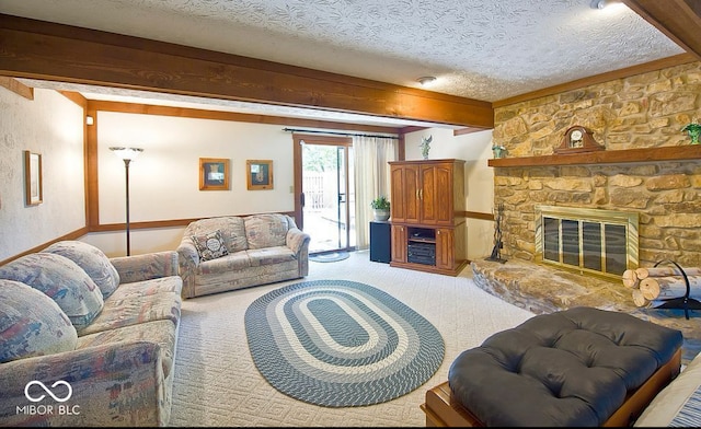 living room with carpet, beam ceiling, a textured ceiling, and a stone fireplace